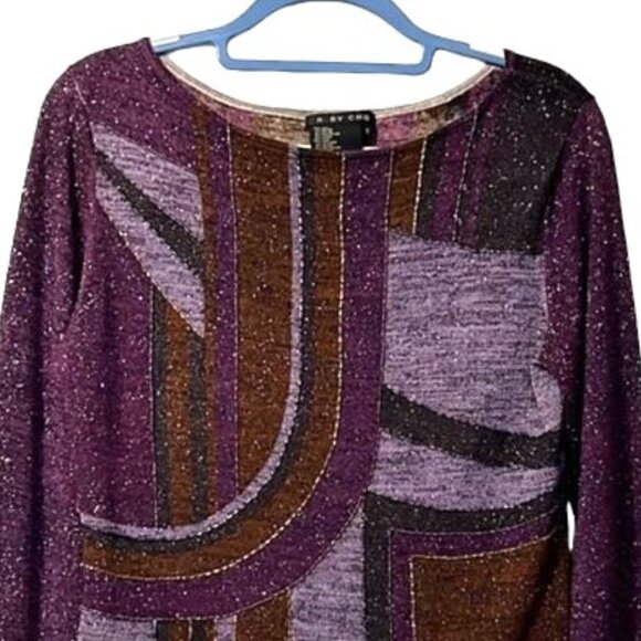 Gorgeous Ruby Cho Beaded Purple Silk Abstract Print Long Sleeve Top - Picture 2 of 9
